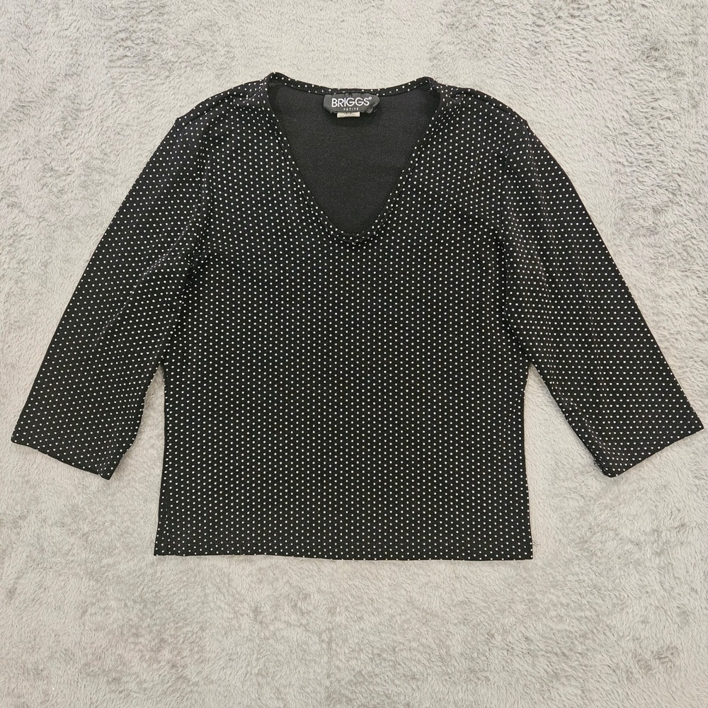 Briggs Petite Womens Black White Polka Dot V-Neck 3/4 Sleeve Knit Blouse Top
